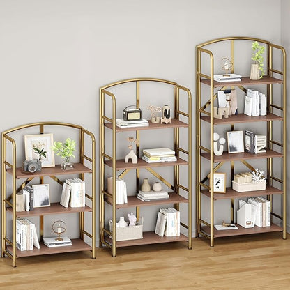 No-Assembly Folding Gold Bookshelf Storage Shelves 5 Tiers Vintage Multifunctional Plant Flower Stand Storage Rack Shelves Bookcase for Home Office