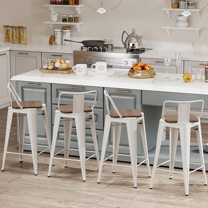30 Inch Swivel Bar Stools Set of 4 with Backs Counter Height Industrial Metal Barstools Island Bar Chairs for Home Kitchen Dining Room (Swivel 30 inch, White Wooden)