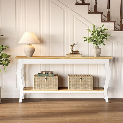 LITTLE TREE 70.9 Inches Long Console Table, 2-Tier Vintage Wooden Sofa Table Behind The Couch with Metal Legs for Hallway, Entryway, Living Room, White & Light Oak
