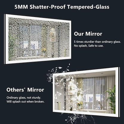 51x40 Inch LED Bathroom Mirror with Lights (Front Lit and Backlit) Black Framed Lighted Vanity Mirror for Bathroom Wall Dimmable Anti-Fog Memory Tempered Glass Horizontal/Vertical