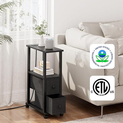 TUTOTAK Small Narrow End Tables, Side Tables with 2 Fabric Drawers, Set of 2, Bedside Tables with Charging Station for Small Spaces, Slim Nightstands with USB Ports and Wheels, TB01BK053