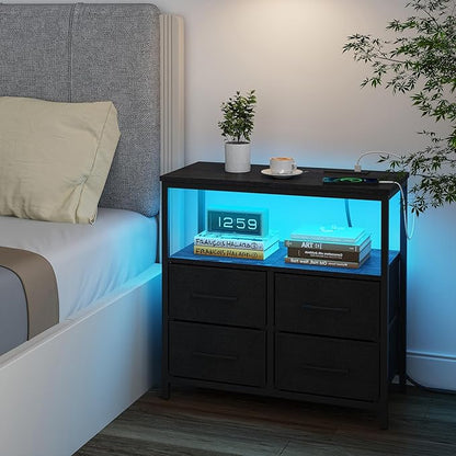 TUTOTAK LED Night Stand with Charging Station, Large Nightstand with USB and Type-C Port, Bedside Table with Cloth Drawers, End Table for Livingroom, Bedroom, Black TB01BK081L