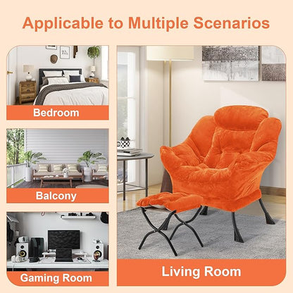 Fabric Lazy Chair with Ottoman, Oversized Upholstered Sofa Chair for Adults, Plush Comfy Lounge Chair with Large Side Storage Pocket, Reading Chair for Living Room, Bedroom, Office, Orange