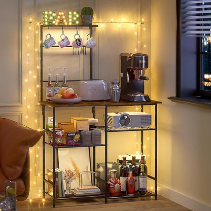 Baker's Rack for Kitchen with Storage, Microwave Stand with Adjustable Shelves and 10 S Hooks, 6-Tier Coffee Bar Station, Kitchen Shelves for Spices, Pots, Rustic Brown