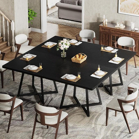 Tribesigns Square Dining Table for 8, 31.5" Industrial Dinner Table with Metal Base, Kitchen Table for Dining Room, Small Space, Apartment, Black