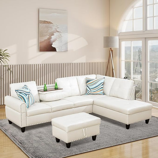L Shaped Modular Sectional Sofa with Reversible Chaise Lounge, 5-Seater Corner Couch, PU Leather Convertible Sofá w/Movable Ottoman, Cup Holders, 2 Pillows and Rivet Ornament for Living Room