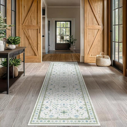 Oushak Wide Hallway Runner Rug 2'6"x10' - Vintage Turkish Floral, Washable Low Pile Non Slip 10ft Wide Runners for Kitchen, Hall Way - Blue and Green
