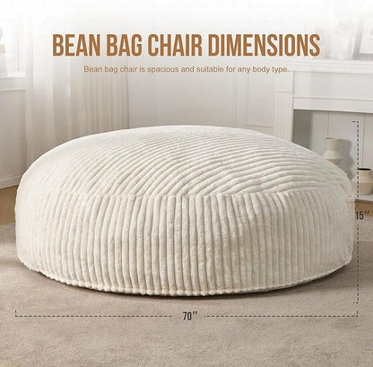 Hobestluk 6ft Bean Bag Chairs for Adults Large Beanbag Chair with Stripe Plush Cover Big Bean Bag Chair for Living Room Bedroom Dorm Office - White (70" x 70" x 15")