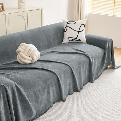 hyha Couch Cover for Dogs, Boho Sofa Covers for 3 Cushion Couch Washable, Chenille Sofa Slipcover for Pets, Soft Loveseat Sectional Couch Throw Blankets with Tassels (Grey, 88.5x134 Inch)