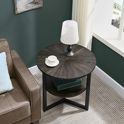 LEEMTORIG Round Side Table, Large 2-Tier End Table Nightstand with Metal Legs, Modern Bedside Couch Table for Living Room, Bedroom, Office, Rustic Black/Black, 25.2 x 25.2 x 24 inches CJZ-1338-BK