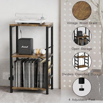 End Table with LED Light,Record Player Stand with Albums Storage,Vinyl Records Storage,Turntable Stand Side Table for Music Room Studio Living Room Bedroom-Retro