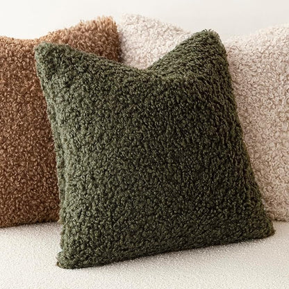 Foindtower 2 Pieces 22x22 Inch Olive Green, Faux Fur Throw Pillow Cover Accent Sherpa Furry Pillow Covers Fuzzy Soft Pillowcases Cozy Sheepskin Decorative Fleece Cushion Case for Bed Couch Living Room
