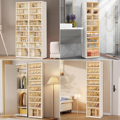 Foldable Shoe Organizer Storage Box, Portable Extra Large Folding Shoe Rack for Closet, Shoe Storage Box with Magnetic Transparent Door and Wheels, 9 Layers 18 Grids with 2 Big Grids for 2 PCS