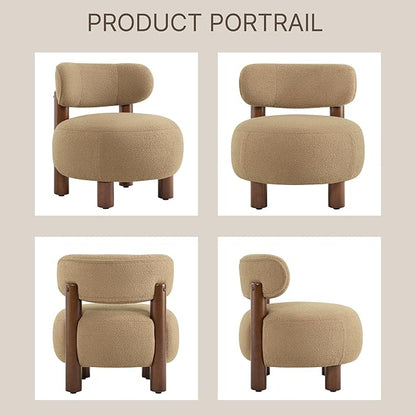 Modern Boucle Accent Chair Set of 2, with Plush Faux Sherpa Upholstery, Curved Backrest, Solid Wood Legs for Living Room Bedroom Reading Nook, 27.5", Camel