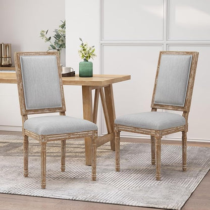 Merax Upholstered Solid Wood Dining Chairs Set of 2, French Country Style Accent Side Seating Furniture for Kitchen, Living Room, Cushioned Back, Light Grey