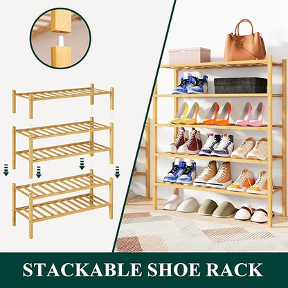 Smiry Shoe Rack, 5 Tier Bamboo Shoe Organizer, Stackable Free Standing Wooden Shoe Storage Shelf for Closet, Entryway, Front Door Entrance, Natural Bamboo