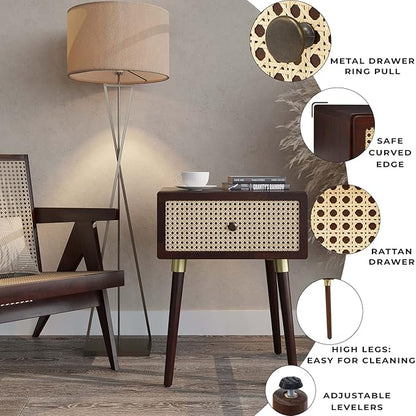 Bme Nipe Solid Wood and Rattan Nightstand, Fully Assembled, Woven Cane End Table, Bedside Table for Modern Bedroom, Boho Living Room with Tall Wood Legs Large Storage 1-Drawer, Walnut