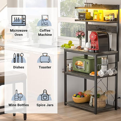 Aheaplus Bakers Rack with Power Outlet, Microwave Stand, 5 Tiers Coffee Bar Station with Led Lights, Kitchen Storage Shelf with 6 S-Shaped Hooks, Kitchen Rack for Spices, Pots and Pans, Black Oak