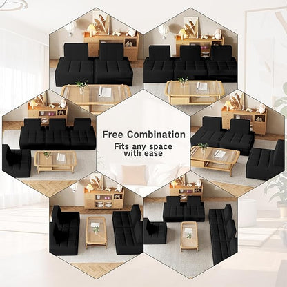 Modular Sherpa Sofa Chair, Cozy Floor Lounge Seating, No Armrests, Small Sofa for Small Spaces, Reading Nook, or Apartment Living, Single, Black