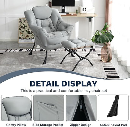Lazy Chair with Ottoman, Modern Accent Chair Contemporary Lounge Leisure Sofa Chair with Armrests, Reading Chair and Folding Footstool Set for Living Room, Bedroom, Office, White Grey