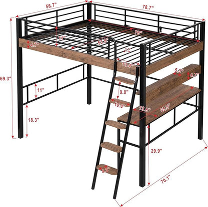 Metal Full Size Loft Bed with Built-in Desk,Storage Shelf and Ladder,Full-Length Guardrails and Secured Metal Slats, High LoftBed W/Large Storage Space for Kids Teens Adults Bedroom,Black