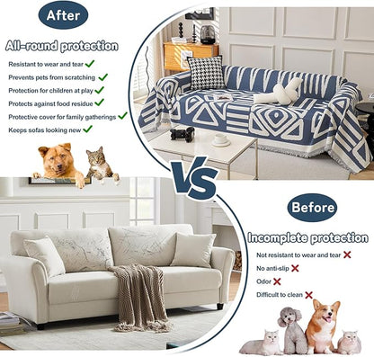 HANDONTIME Boho Couch Covers for Sofa Chenille Sofa Covers Washable Sectional Sofa Cover Blanket Geometric Reversible Couch Cover for L Shaped Couch Couch Protector for Dogs, 91" X134", Denim Blue