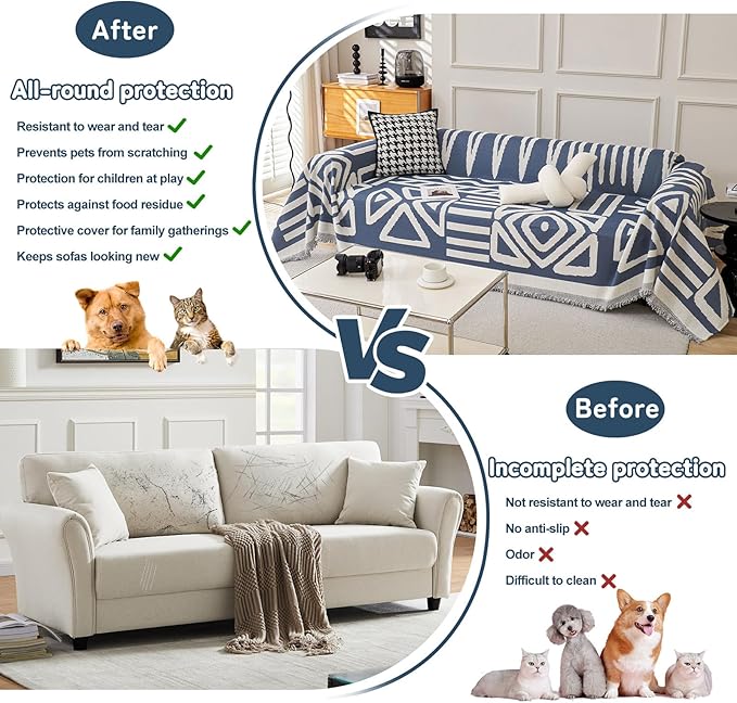 HANDONTIME Boho Couch Covers for Sofa Chenille Sofa Covers Washable Sectional Sofa Cover Blanket Geometric Reversible Couch Cover for L Shaped Couch Couch Protector for Dogs, 91" X118", Denim Blue