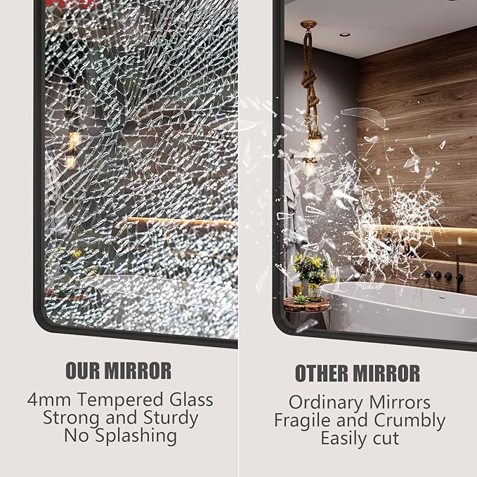 CHAMROR 55x36 Inch Black Metal Framed Bathrrom Mirror for Wall, Black Rounded Rectangle Mirror, Matte Black Bathroom Vanity Mirror, Anti-Rust, Tempered Glass, Hangs Horizontally or Vertically