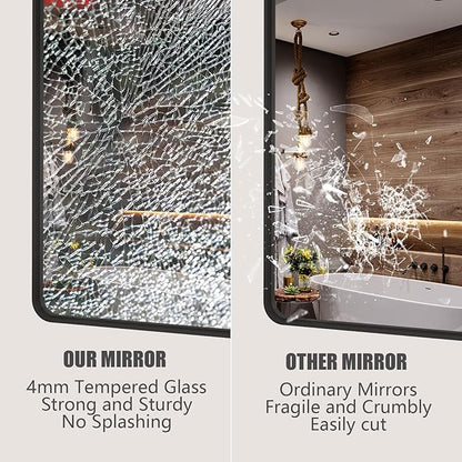 16x24 Inch Black Metal Framed Bathrrom Mirror for Wall, Matte Black Rectabgle Mirror, Rounded Corner, Anti-Rust, Hangs Horizontally or Vertically