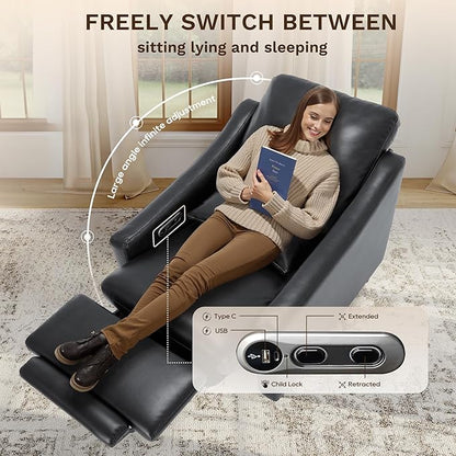 COLAMY Pushback Electric Recliner Chair, Premium Leather Upholstery with Adjustable Angles, Extra Lumbar Pillow, Built-in Charging Port, Business-Casual Style for Living Room（Black