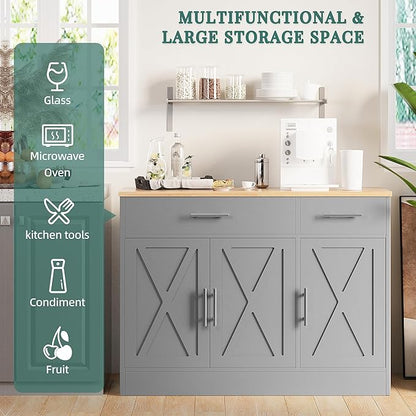 Shintenchi Modern Farmhouse Sideboard Buffet Cabinet with Storage with 3 Doors, 42"Barn Doors Buffet Cabinet with Storage, Wood Coffee Bar Cabinet with Adjustable Shelf for Kitchen, Living Room, Grey