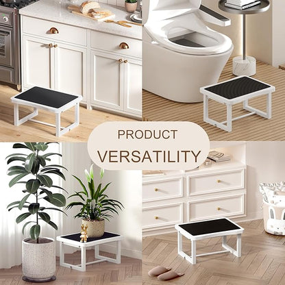 Wooden Step Stool with 500 Pounds, Wide Bed Step Stool for Adults，Wood White Step Stool&Stable Solid Metal Frame for Kitchen, Bedroom, Living Room, Bathroom