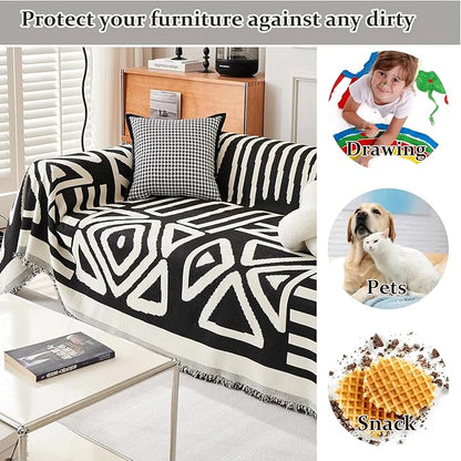VM VOUGEMARKET Geometric Couch Cover for 3 Cushion Boho Chenille Sofa Cover Dog Proof Universal Sofa Slipcover L Shaped Furniture Cover with Tassels Sectional Couch Cover-71 x 134,Black