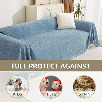 MYSKY HOME Couch Cover Sofa Covers, Sectional Couch Covers for 2 Cushion Couch Sofa, Chenille Sofa Slipcovers, Futon Covers, Machine Washable, Soft Furniture Protector for Kid, 91" x 118", Blue