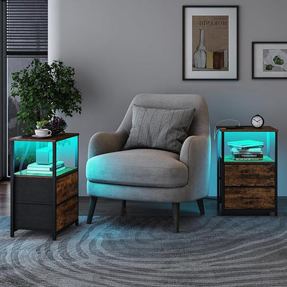 TUTOTAK LED End Table with Charging Station, Night Stand, Side Table with 2 USB Ports and Outlets, Nightstand with Cloth Drawer, Bedside Table for Livingroom, Bedroom Brown TB01BB088L