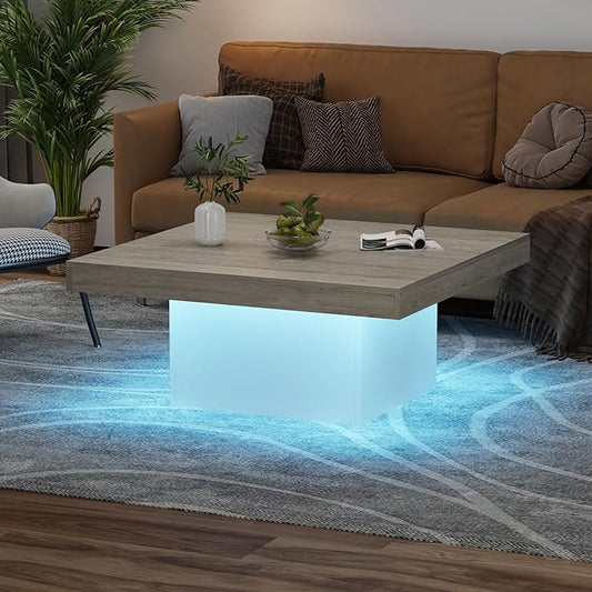 GarveeHome Square Coffee Table with Led Lights, 35 inch Living Room Tables, Modern Coffee Tables with Plug-in 16-Color LED Lights, Cocktail Table for Home Office, Apartment, Reading Room