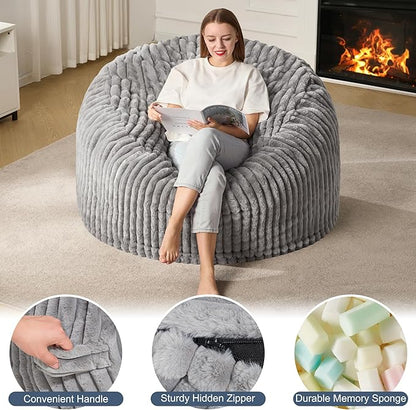 Hobestluk 4ft Bean Bag Chairs for Adults Large Beanbag Chair with Dutch Corded Plush Cover Big Bean Bag Chair for Living Room Bedroom Dorm Office - Grey (44" x 44" x 24")