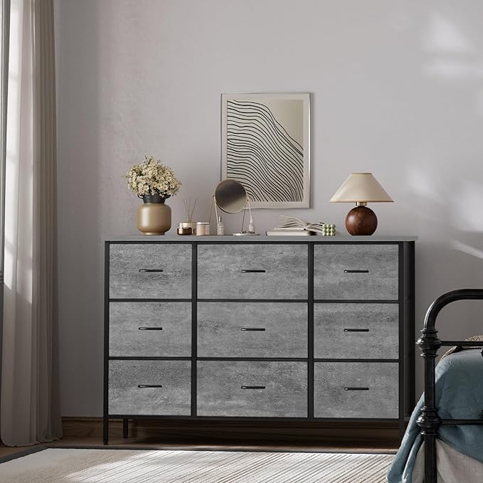 Dresser for Bedroom with 9 Deep Drawers, Wide TV Stand Modern TV Console, Fabric Storage Cabinet, Chest of Drawers for Closet, Nursery (Gray)