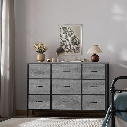 Dresser for Bedroom with 9 Deep Drawers, Wide TV Stand Modern TV Console, Fabric Storage Cabinet, Chest of Drawers for Closet, Nursery (Gray)