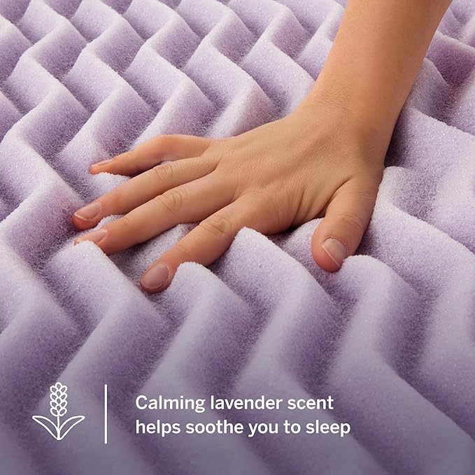 Lucid Lavender Infused 2 Inch Memory Foam Mattress Topper - Queen Size - Plush Feel - 5 Convoluted Zones - CertiPUR Certified - New Home Owner & Dorm Room Essentials