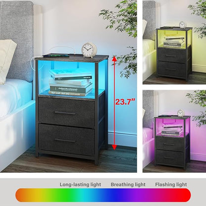 TUTOTAK LED End Table with Charging Station, Night Stand, Side Table with 2 USB Ports and Outlets, Nightstand with Cloth Drawer, Bedside Table for Livingroom, Bedroom Charcoal Grey TB01BY088L