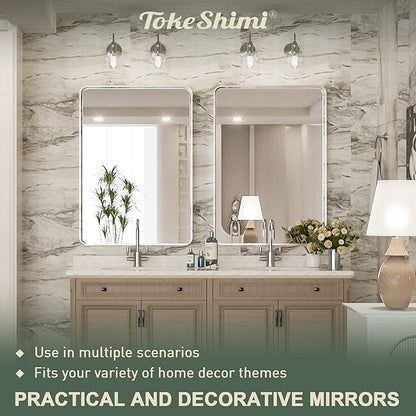 TokeShimi 24 x 36 Inch Brushed Silver Bathroom Mirror for Wall Brushed Brass Metal Rounded Corner Rectangle Mirror Metal Frame Deep Set Design Hangs Horizontal Or Vertical