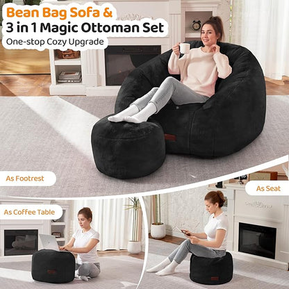 HABUTWAY Bean Bag Chair, Giant Bean Bag Chairs for Adults with Ottoman, Comfy Faux Fur Shell-Shaped Bean Bag Couch, Sofa Chair for Living Room, Bedroom, Black