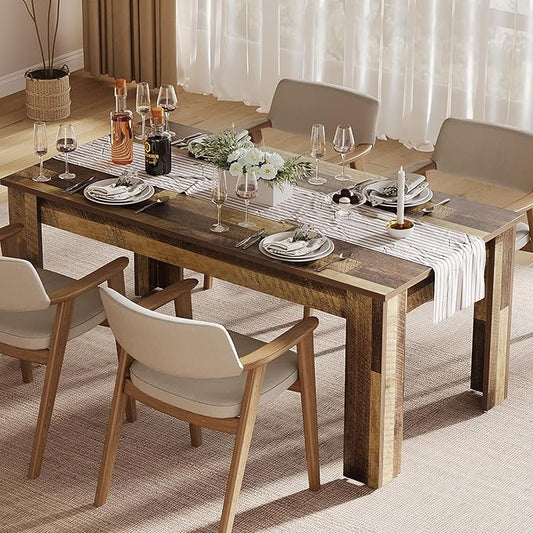 Dining Table for 4-6, 63" Wood Farmhouse Large Kitchen Table with Strong 4 Triangle Legs, Rectangular Dining Room Dinner Table with Sturdy Extra Support for Kitchen, Apartment, Retro Brown