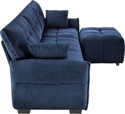 Modern Chenille Fabric 3-Seat Sofa w/Ottoman+2 Pillows, Premium Upholstery Living Room Couch with Tufted Backrest & Comfortable Armrests and High-Resilience Memory Foam Cushions,Blue