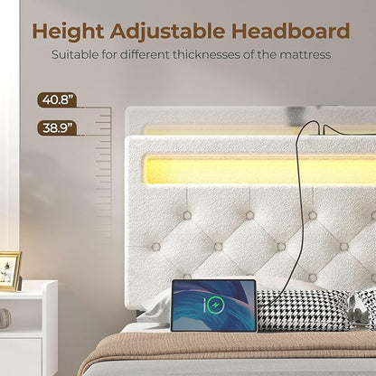 Rolanstar Queen Bed Frame with 4 Storage Drawers and Charging Station, Queen Bed with Led Lights, 2 USB & 1 Type C, Adjustable Headboard 38.9/40.10 Inches, No Box Spring Needed, White