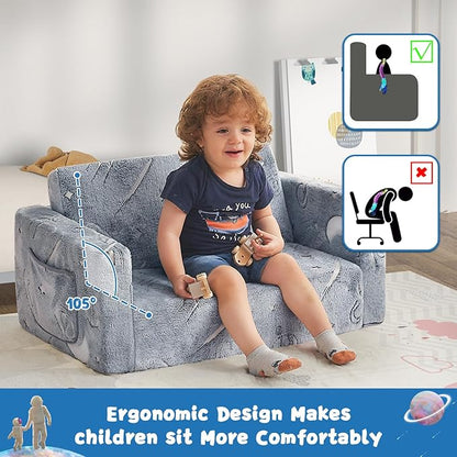 Toddler Couch,Toddler Chair, 2-in-1 Baby Seat Furniture Fold Out, Convertible Sofa to Lounger Soft Comfy Glow in The Dark Kids Sofa Bed Gifts for Kids Girl Boys,Star,Large