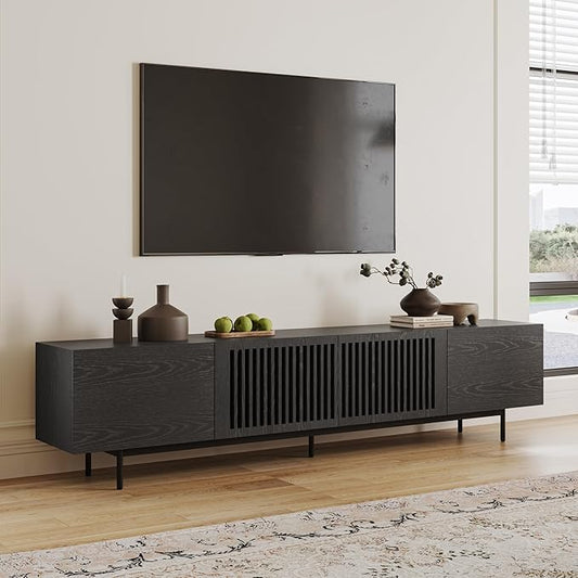 POVISON Full Assembled Mid-Century Modern TV Stand with Slatted Doors, Wood Media Console for 80 85+ Inch TV, TV Console with Tall-cast Metal Legs, Entertainment Center with Storage for Living Room