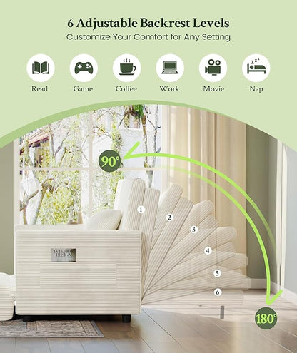 53” Convertible Sofa Bed Couch, Corduroy Couch Bed, 6-Position Loveseat Sleeper Sofa, Love Seat Sleeper Bed 23.6" Extra Deep Seat, Modern Couches for Living Room/Apartment/Home/Office, Beige