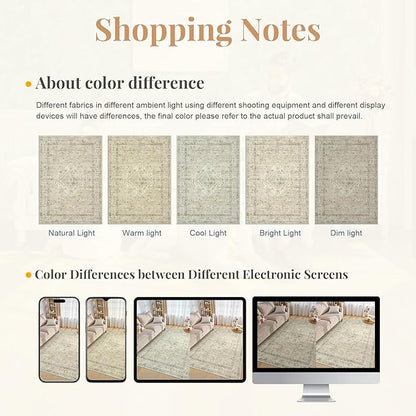 LIVEBOX Bedroom 4x6 Washable Area Rug for Entryway Kitchen, Non-Slip Soft Boho Rugs for Dining Room Office, Farmhouse Low-Pile Neutral Soft Carpet for Nursery Room Playroom, Tan